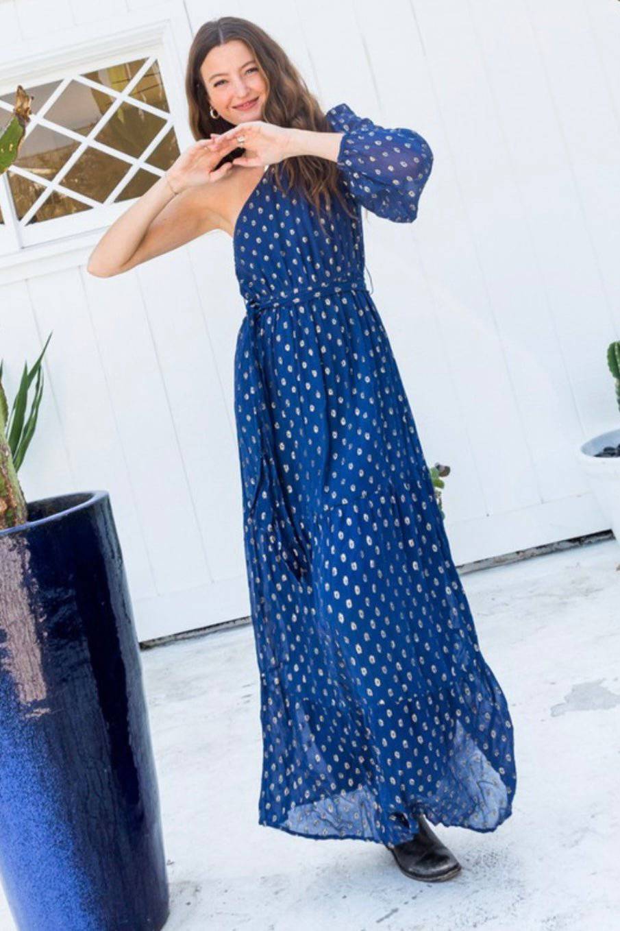 Navy Maxi Dress with Golden Dot Detailing, 100% Rayon, Made in India - Bella Boutique & Bellasbylola.com