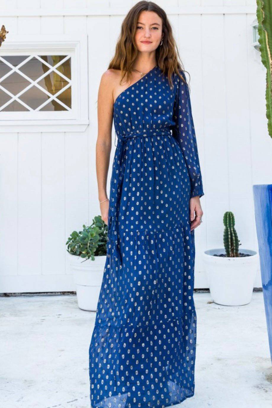 Navy Maxi Dress with Golden Dot Detailing, 100% Rayon, Made in India - Bella Boutique & Bellasbylola.com