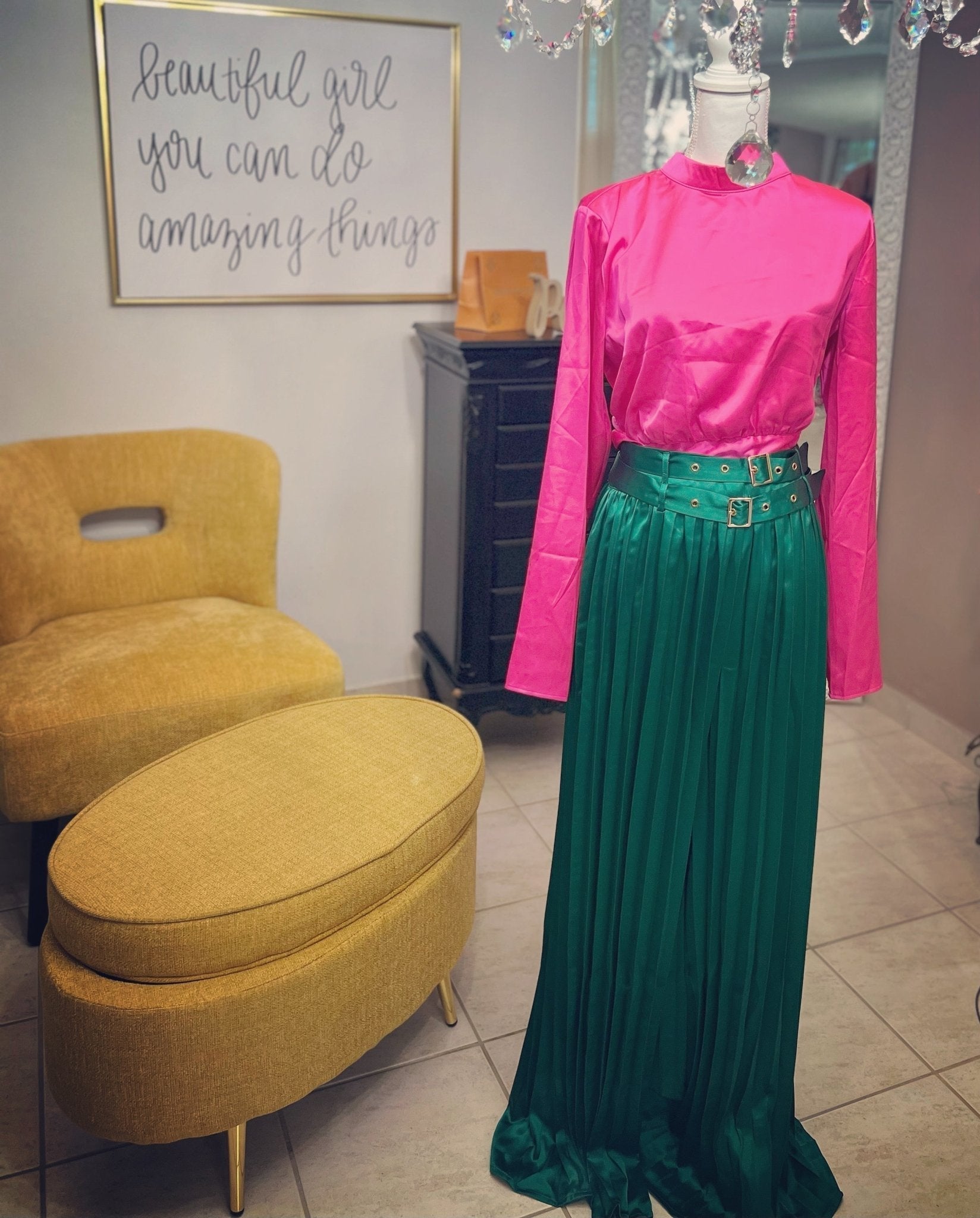 Green Satin Maxi Palazzo Pants - Bella Boutique & Bellasbylola.com
