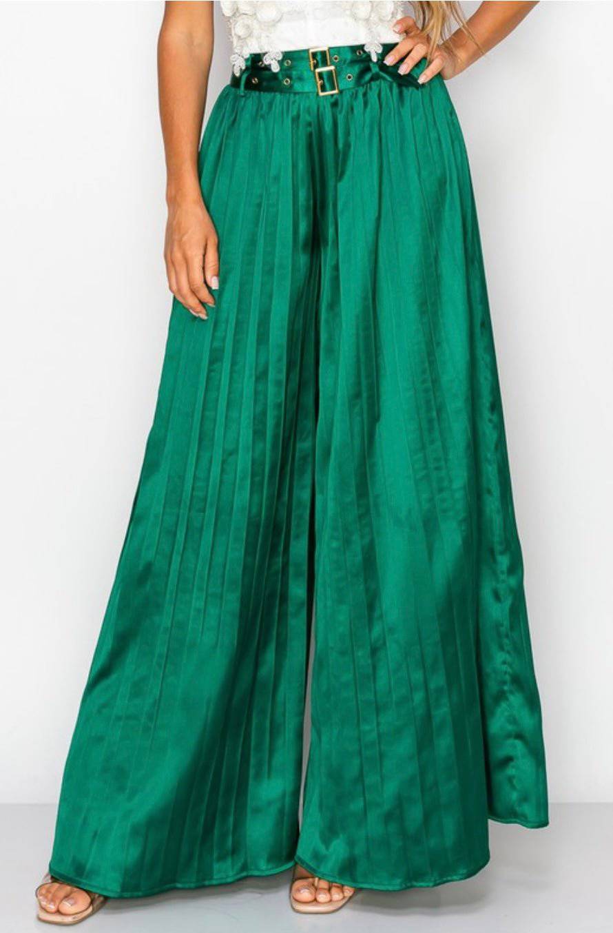Green Satin Maxi Palazzo Pants - Bella Boutique & Bellasbylola.com