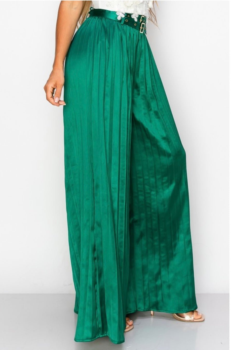 Green Satin Maxi Palazzo Pants - Bella Boutique & Bellasbylola.com