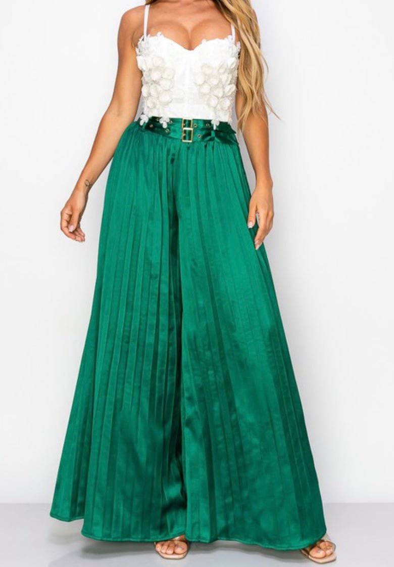 Green Satin Maxi Palazzo Pants - Bella Boutique & Bellasbylola.com