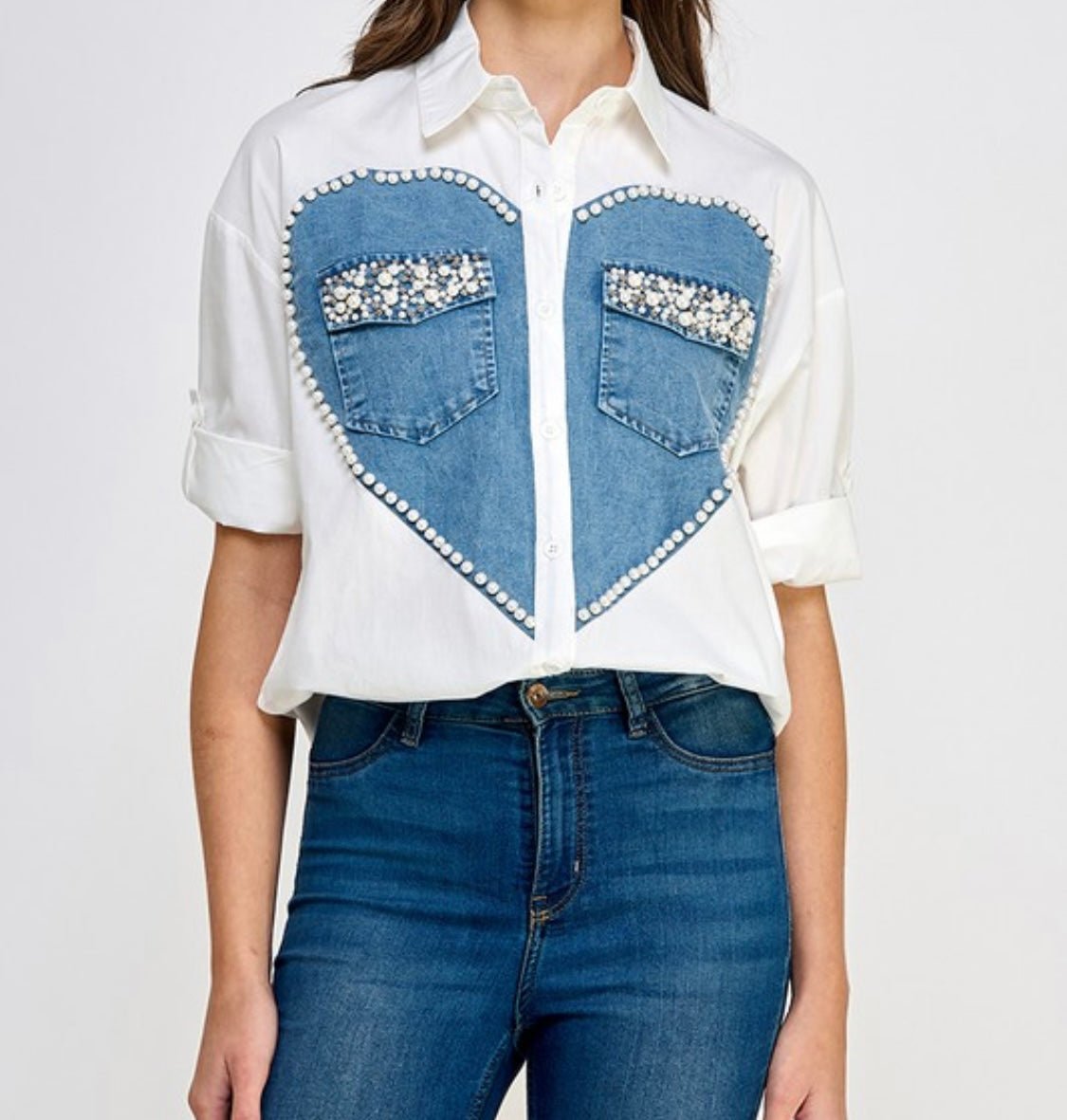 Heart Print Embroidered Short Sleeve Top - Bella Boutique & Bellasbylola.com