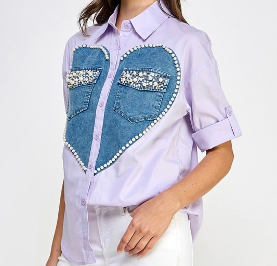 Heart Print Embroidered Short Sleeve Top - Bella Boutique & Bellasbylola.com