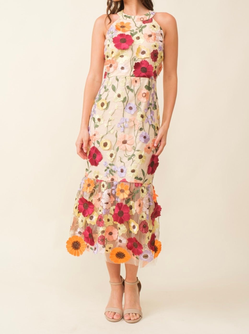 Hi Neck 3D Floral Midi Dress - Tax Included - Bella Boutique & Bellasbylola.com