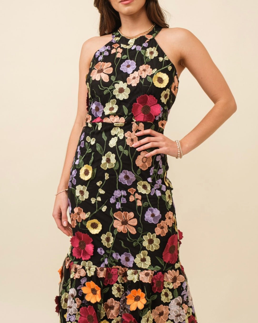 Hi Neck 3D Floral Midi Dress - Tax Included - Bella Boutique & Bellasbylola.com