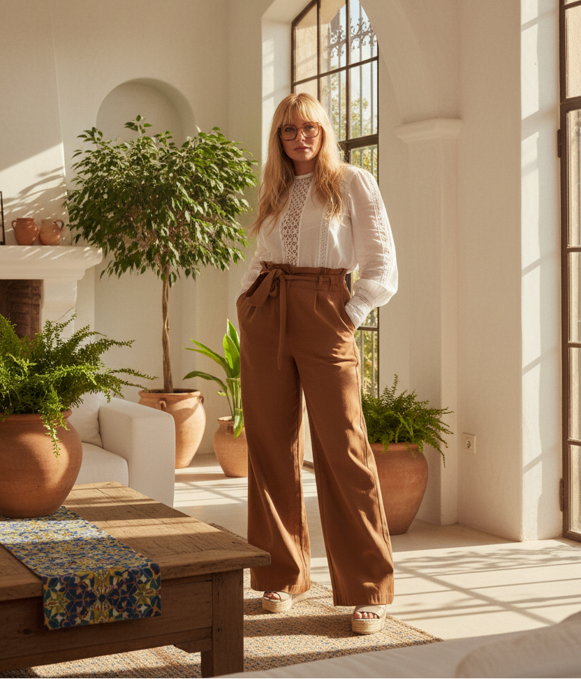 A woman stands in a bright, sunlit room with arched windows and potted plants, wearing a white long-sleeve lace blouse and high-waisted brown wide-leg trousers.