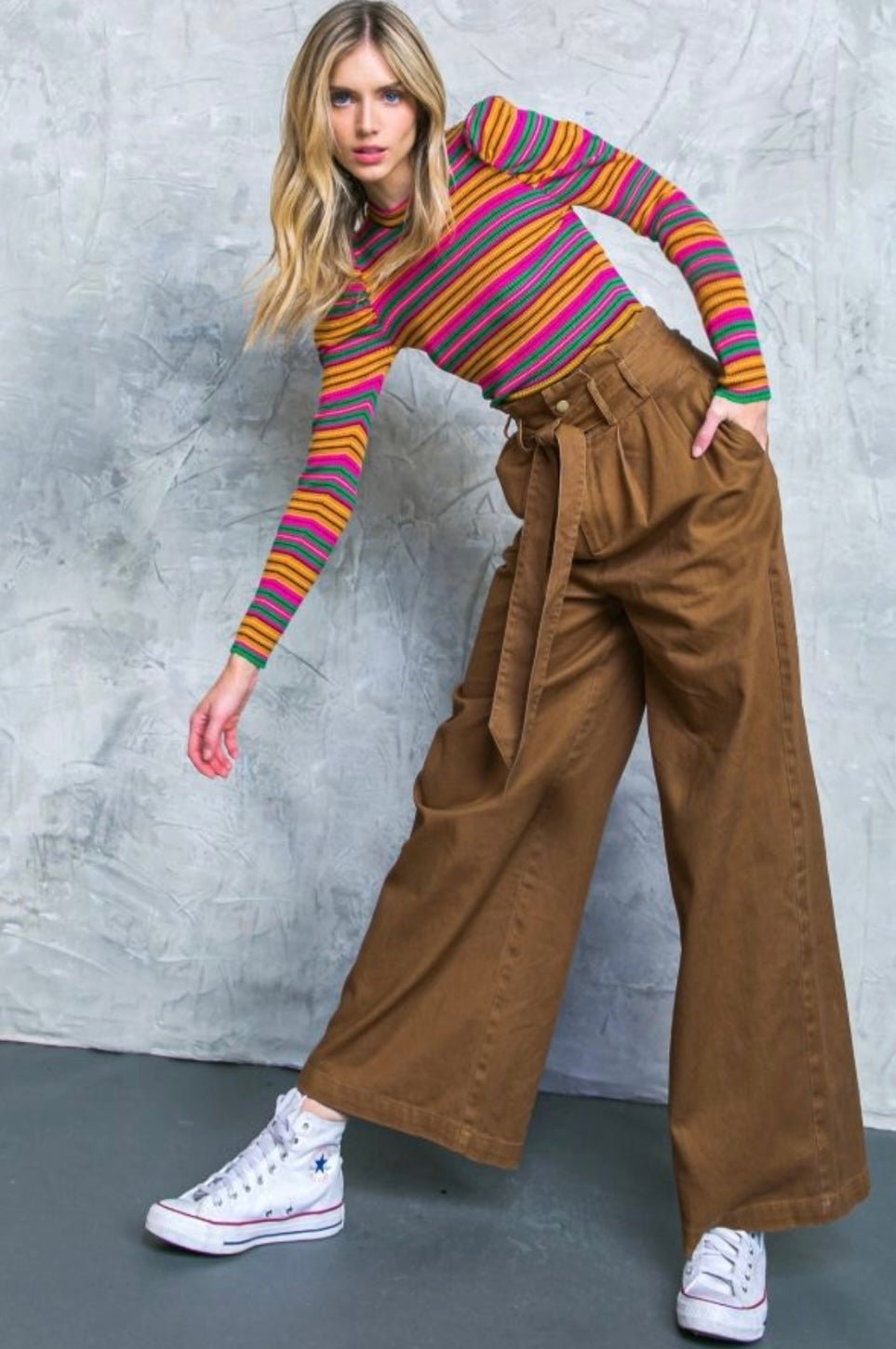 Hi - waisted Paperbag Wide Leg Denim - Brown - Bella Boutique & Bellasbylola.com