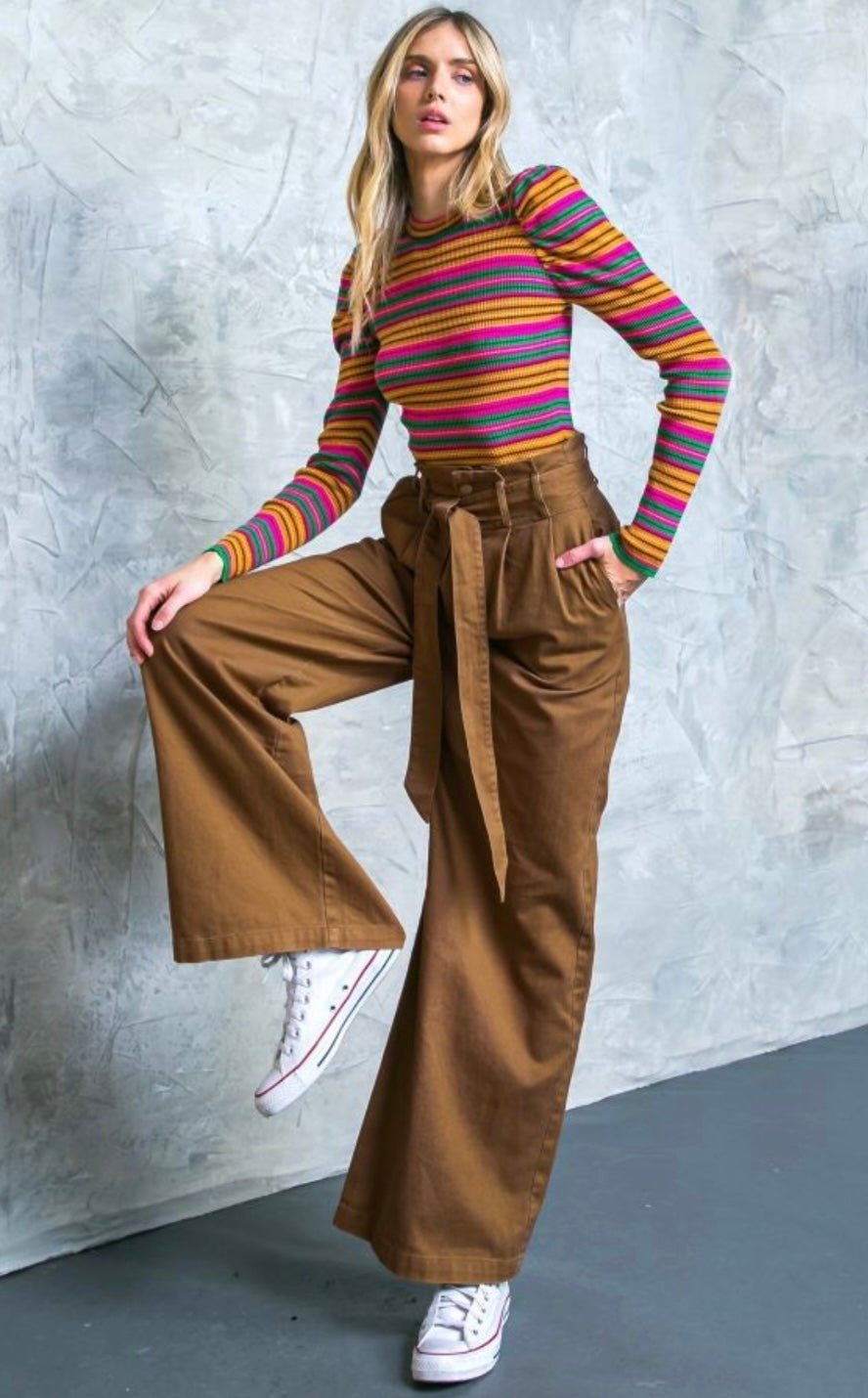 Hi - waisted Paperbag Wide Leg Denim - Brown - Bella Boutique & Bellasbylola.com