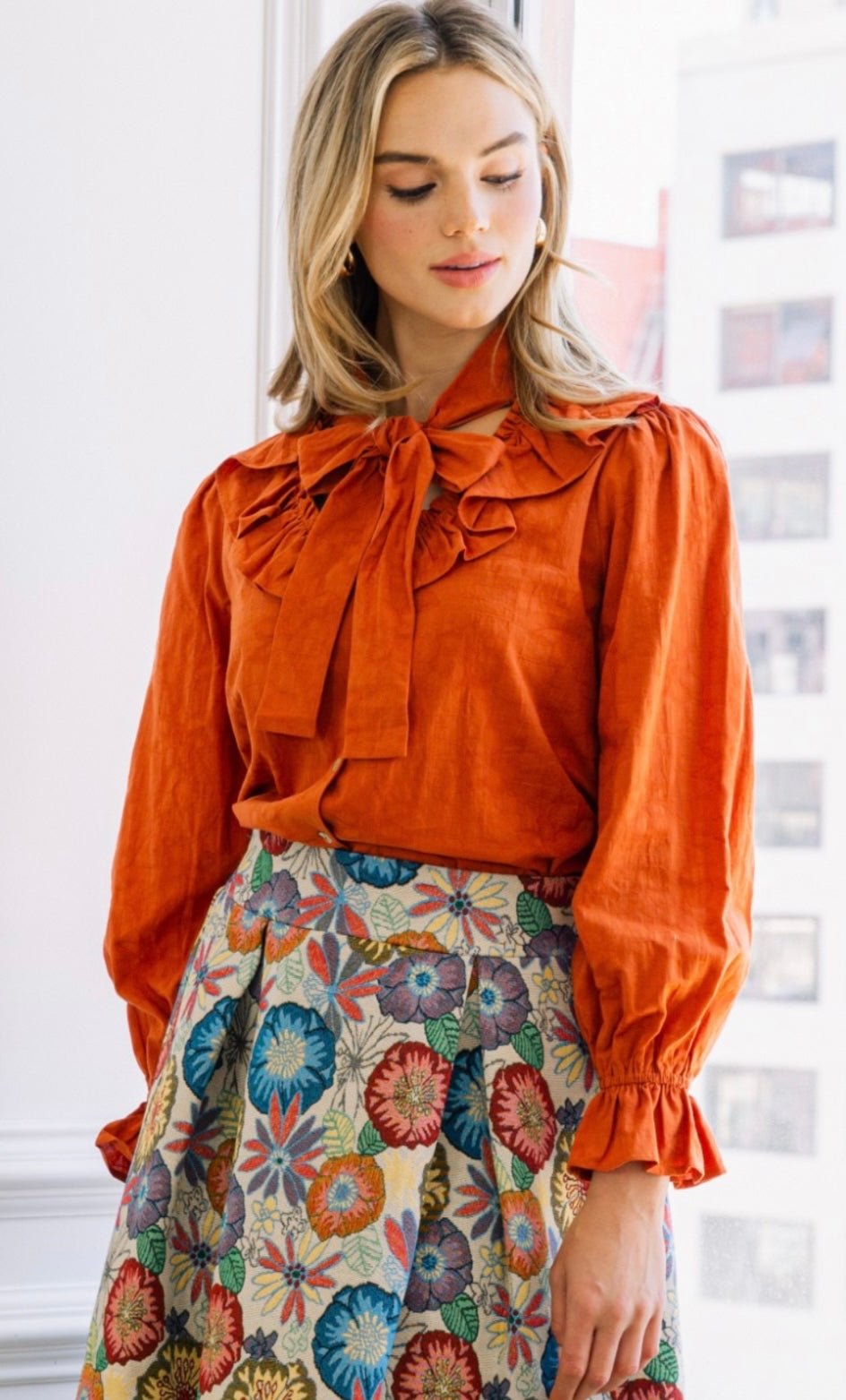 Chic High Collar Blouse in Hunter Green or Rust - Bella Boutique & Bellasbylola.com