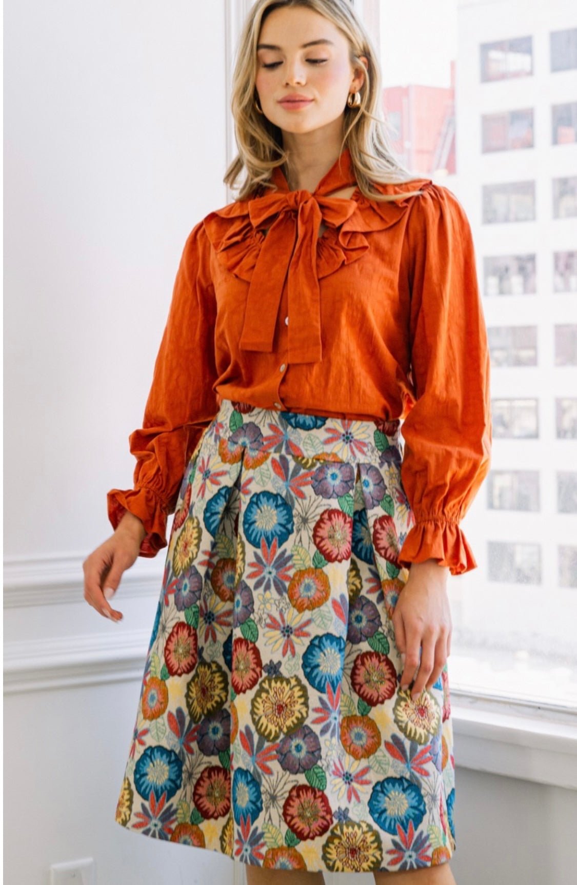 Chic High Collar Blouse in Hunter Green or Rust - Bella Boutique & Bellasbylola.com