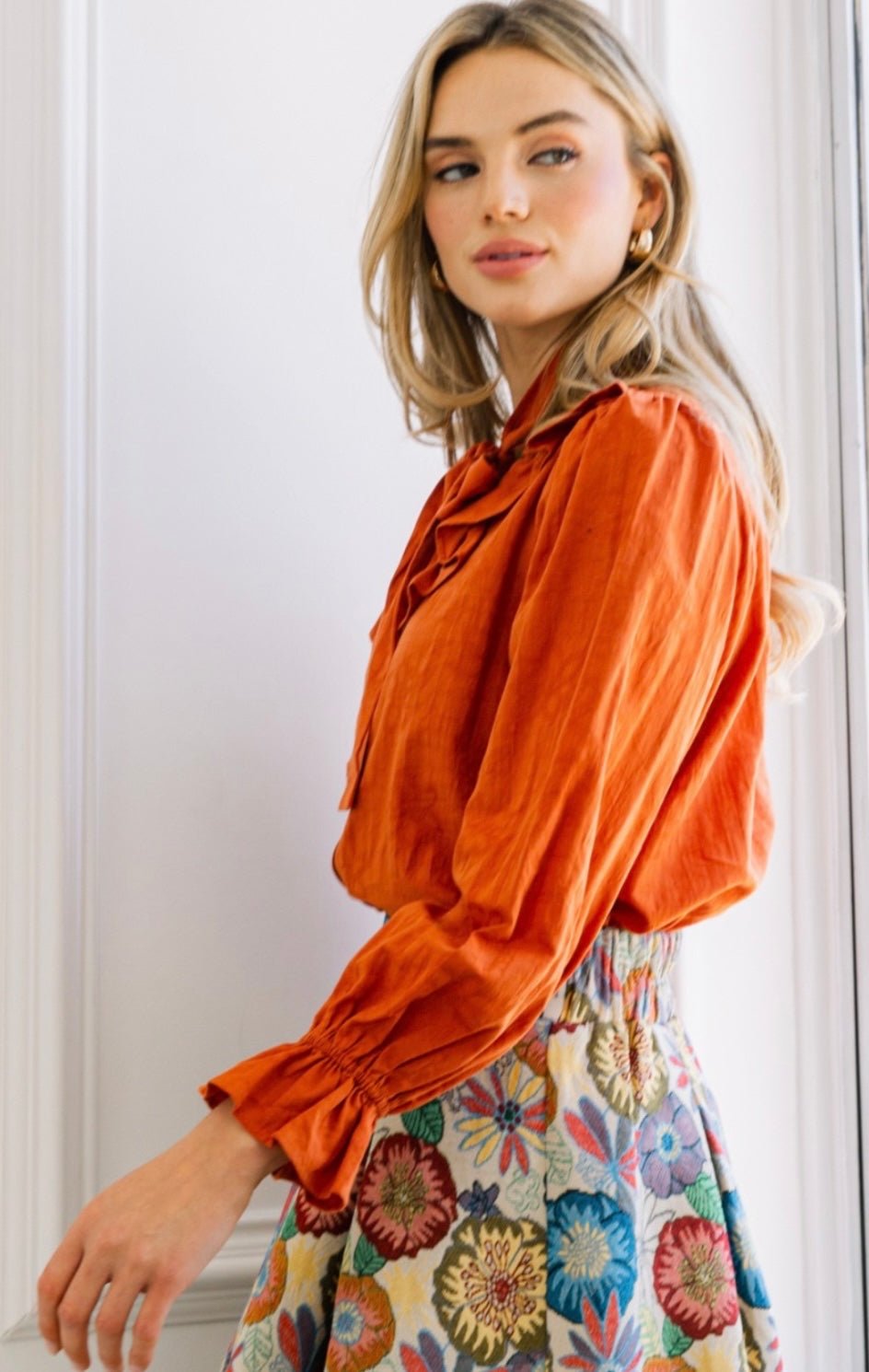 Chic High Collar Blouse in Hunter Green or Rust - Bella Boutique & Bellasbylola.com