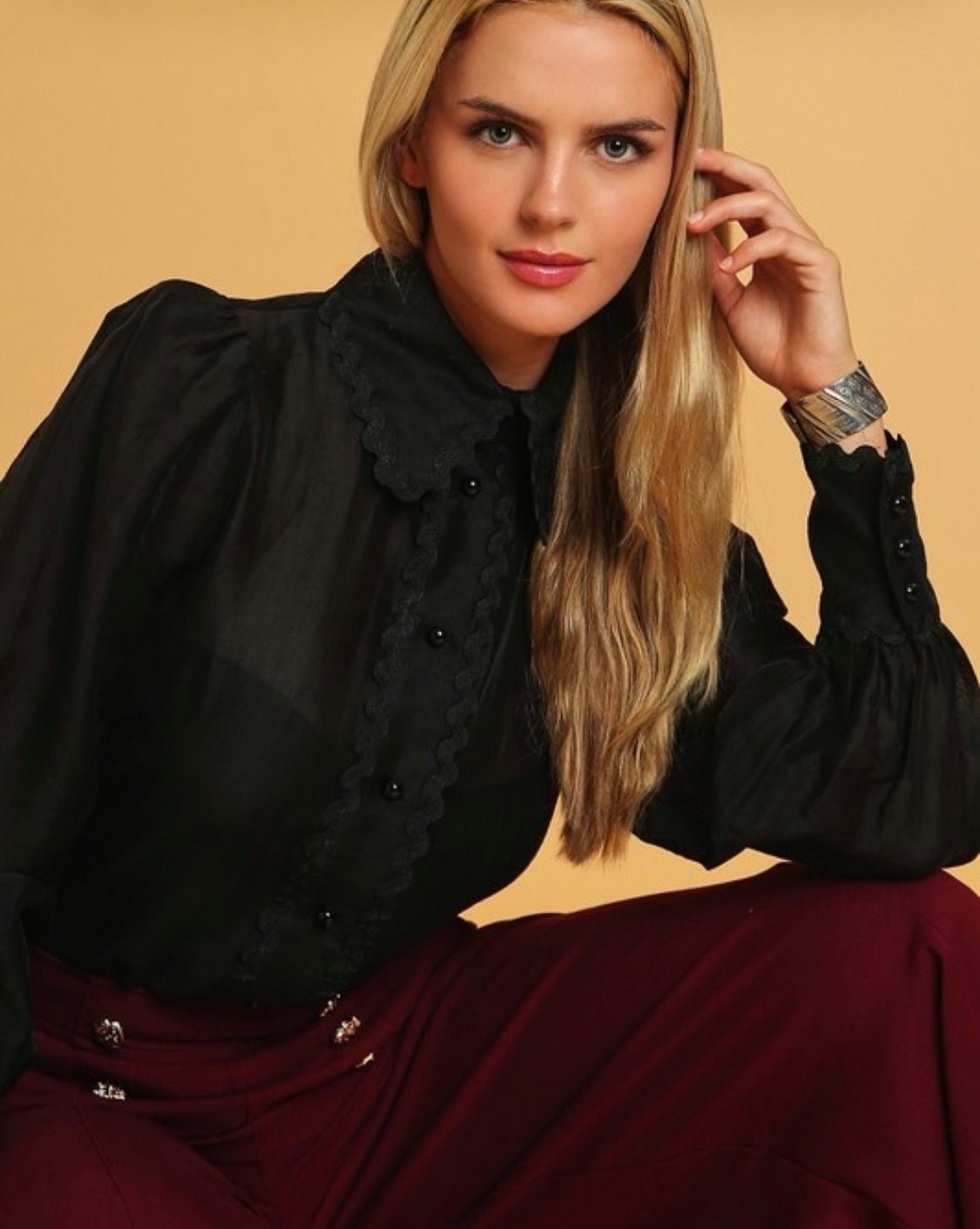 High Tie Ric - Rac Long Sleeve Top - Bella Boutique & Bellasbylola.com