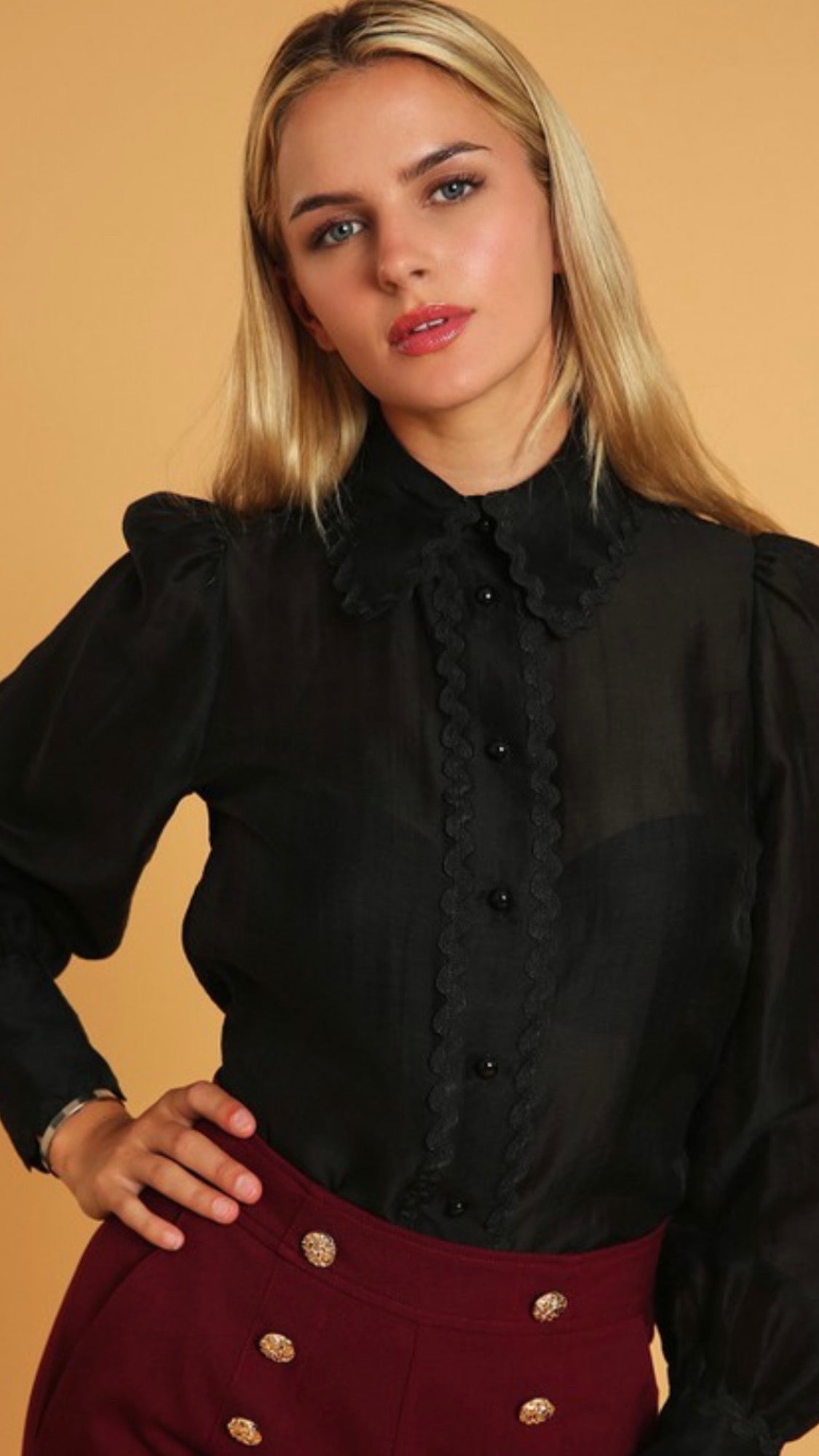 Lace Detail Tie Neck Top with Ric Rac Trim & Long Sleeves - Bella Boutique & Bellasbylola.com
