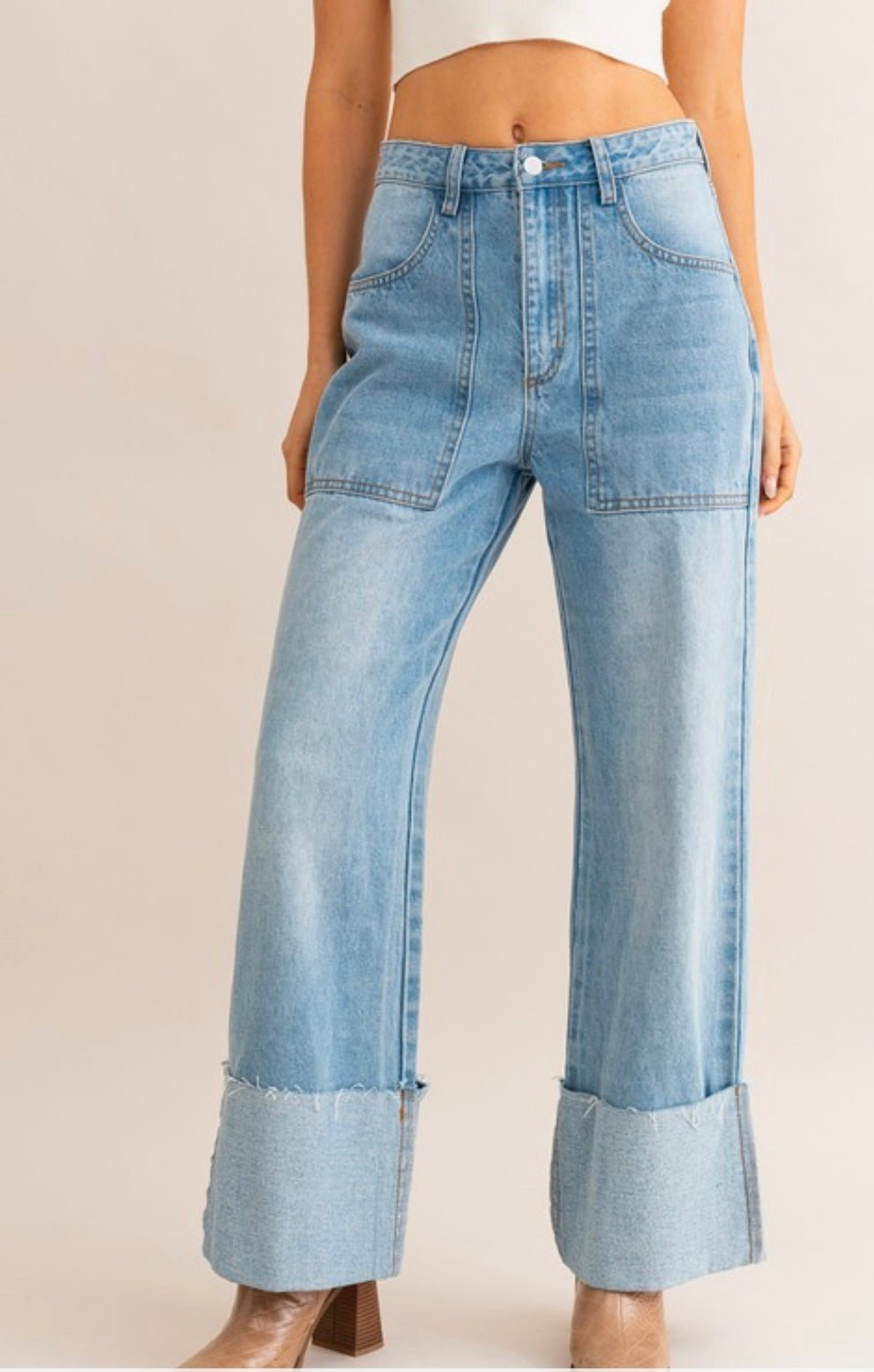 High Waisted Wide Leg Cuffed Jean - True to size - Bella Boutique & Bellasbylola.com