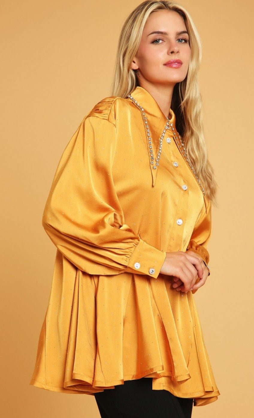 Golden Rhinestone Collar Blouse - Elegant Style - Bella Boutique & Bellasbylola.com