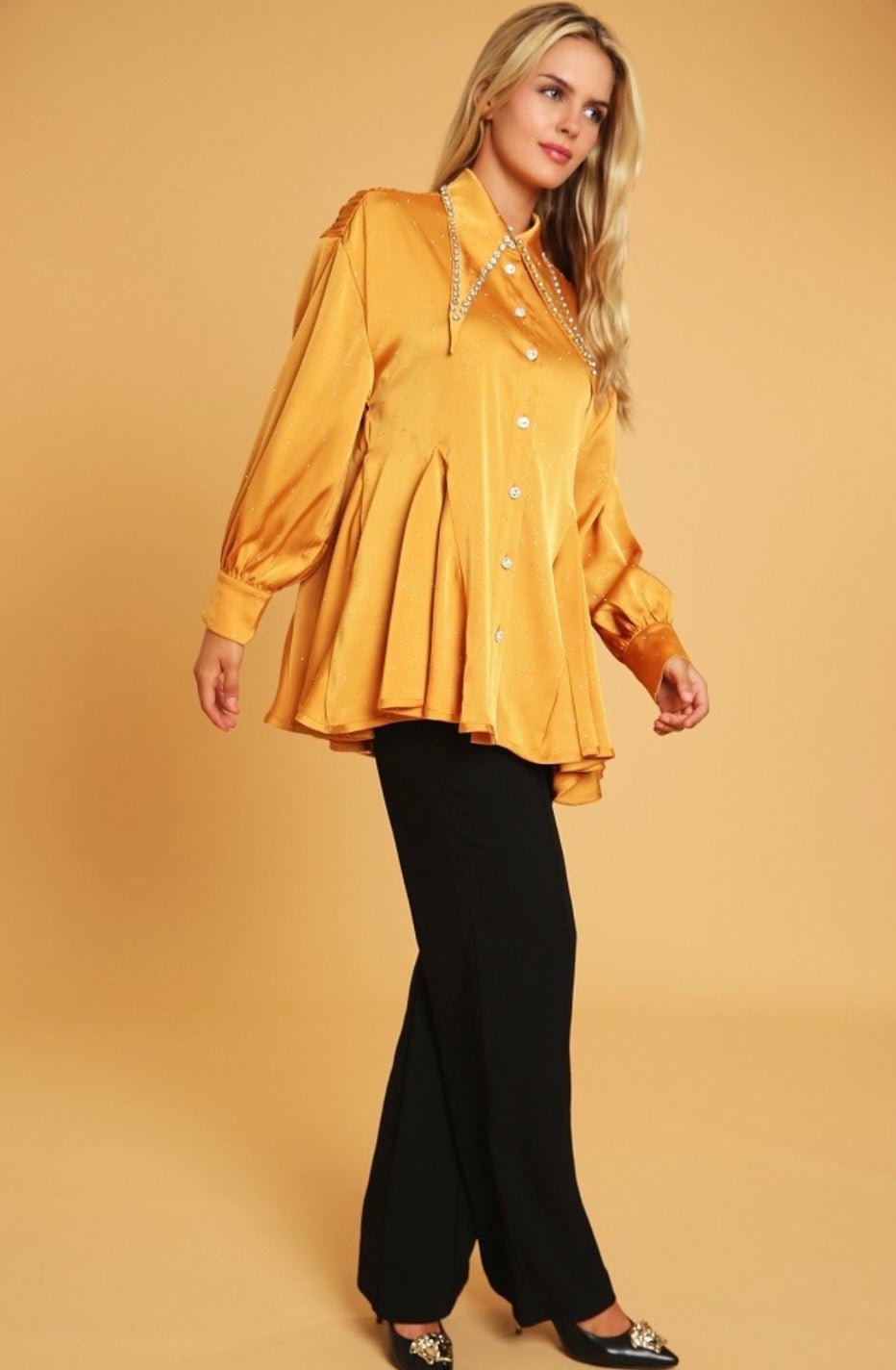 Golden Rhinestone Collar Blouse - Elegant Style - Bella Boutique & Bellasbylola.com