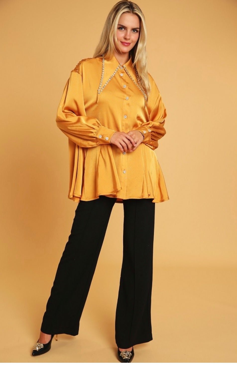 Golden Rhinestone Collar Blouse - Elegant Style - Bella Boutique & Bellasbylola.com