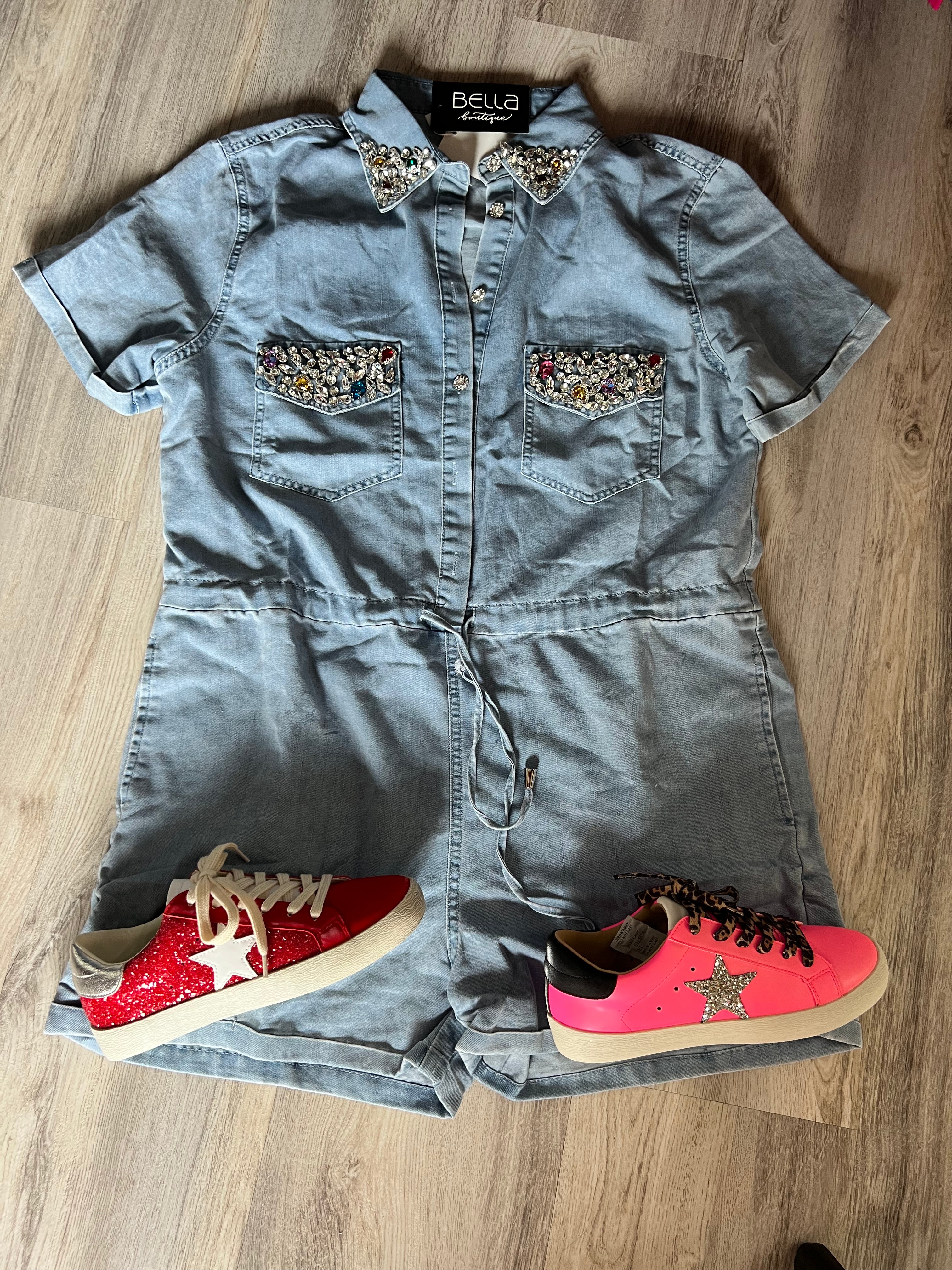 Rhinestone Faux-Denim Romper: Sparkle and Shine Day or Night!✨ - Bella Boutique & Bellasbylola.com