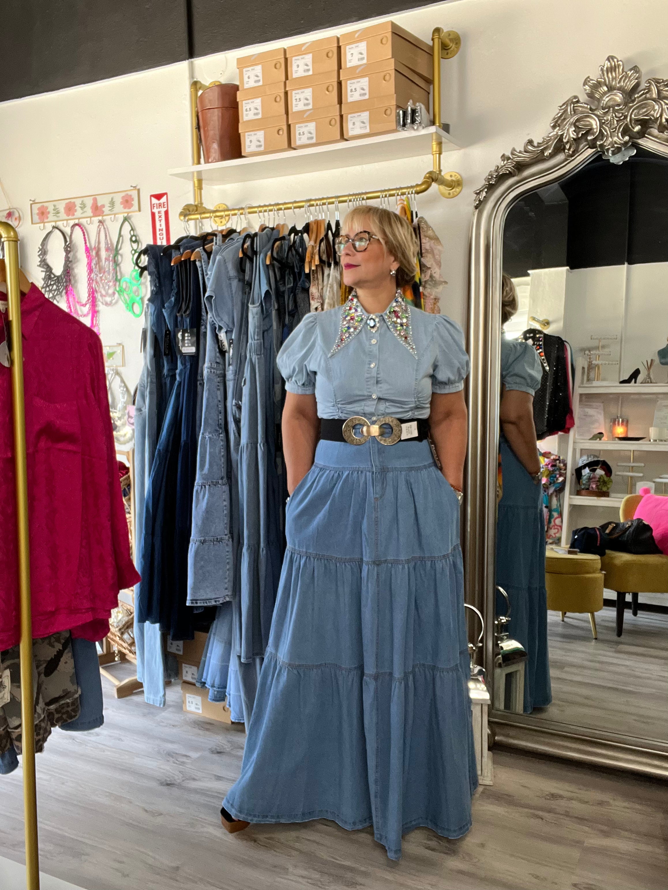 Charlie Embellish Collar Denim Top - Bella Boutique & Bellasbylola.com