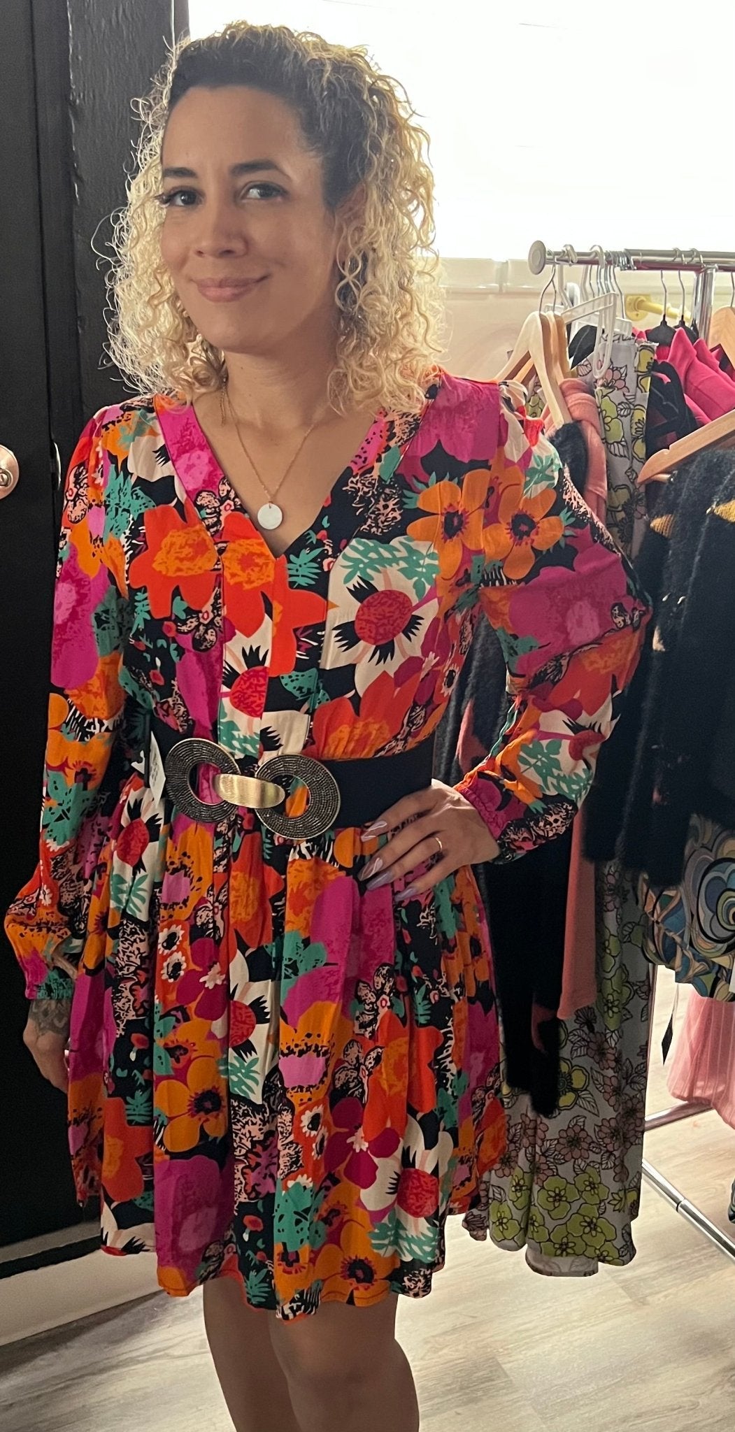 Floral Print V-Neck Dress with Belted Waist Irene Dress - Bella Boutique & Bellasbylola.com
