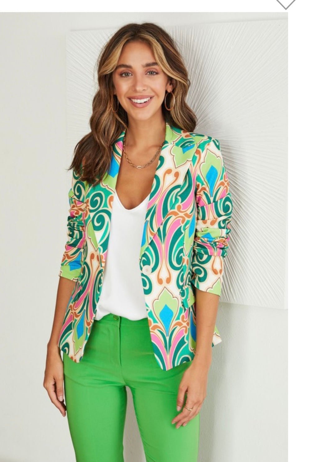 Italian Damask Print Blazer, Single Button, Flap Pockets, 95% Polyester, 5% Elastic - Bella Boutique & Bellasbylola.com