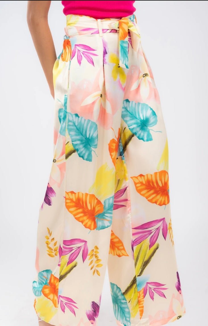 European Floral Print Satin Pants with Self-Tie Belt - Bella Boutique & Bellasbylola.com