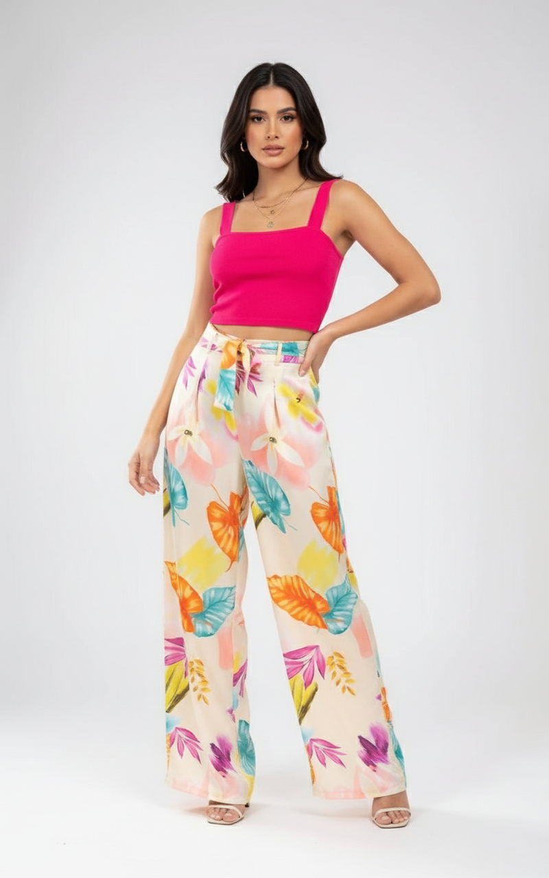 European Floral Print Satin Pants with Self-Tie Belt - True to size