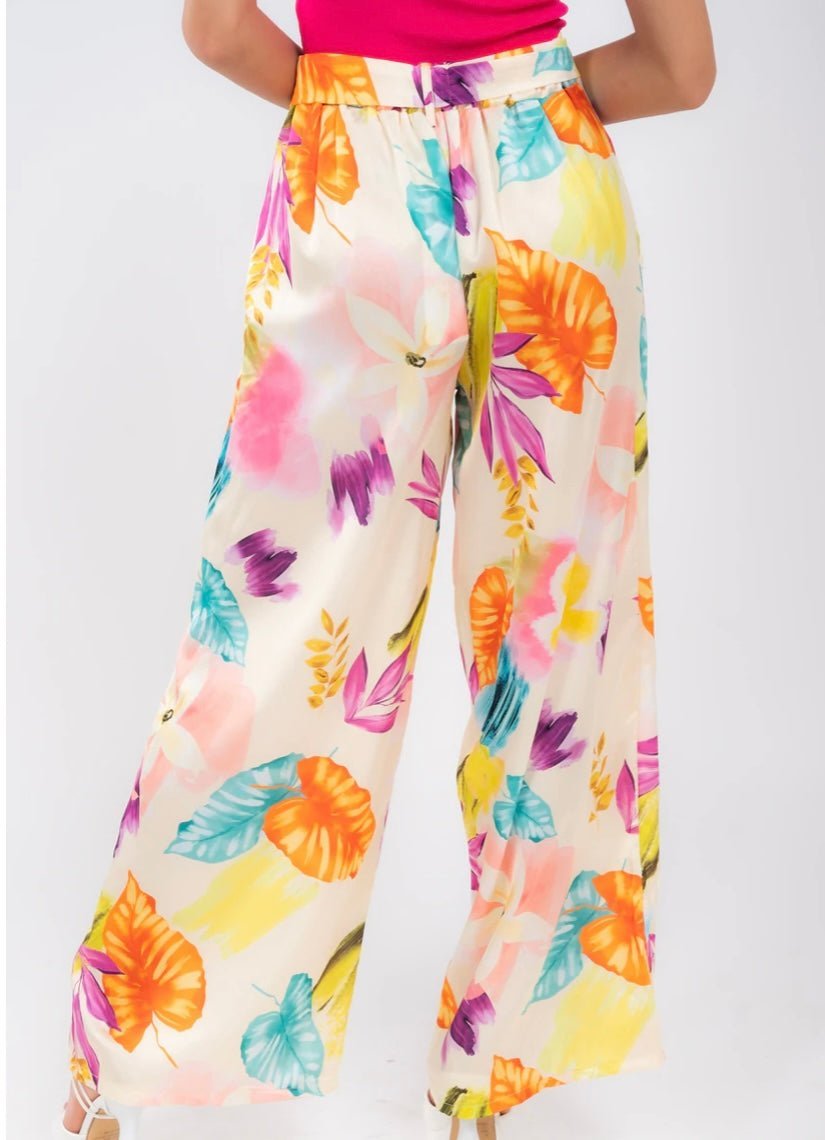 European Floral Print Satin Pants with Self-Tie Belt - Bella Boutique & Bellasbylola.com