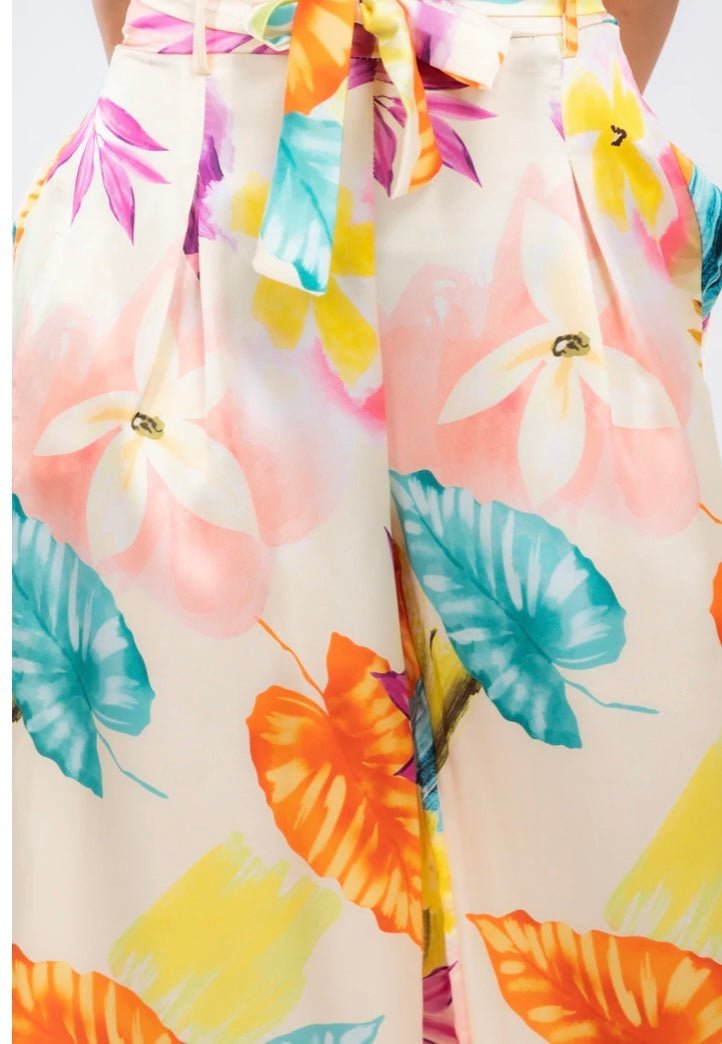 European Floral Print Satin Pants with Self-Tie Belt - Bella Boutique & Bellasbylola.com