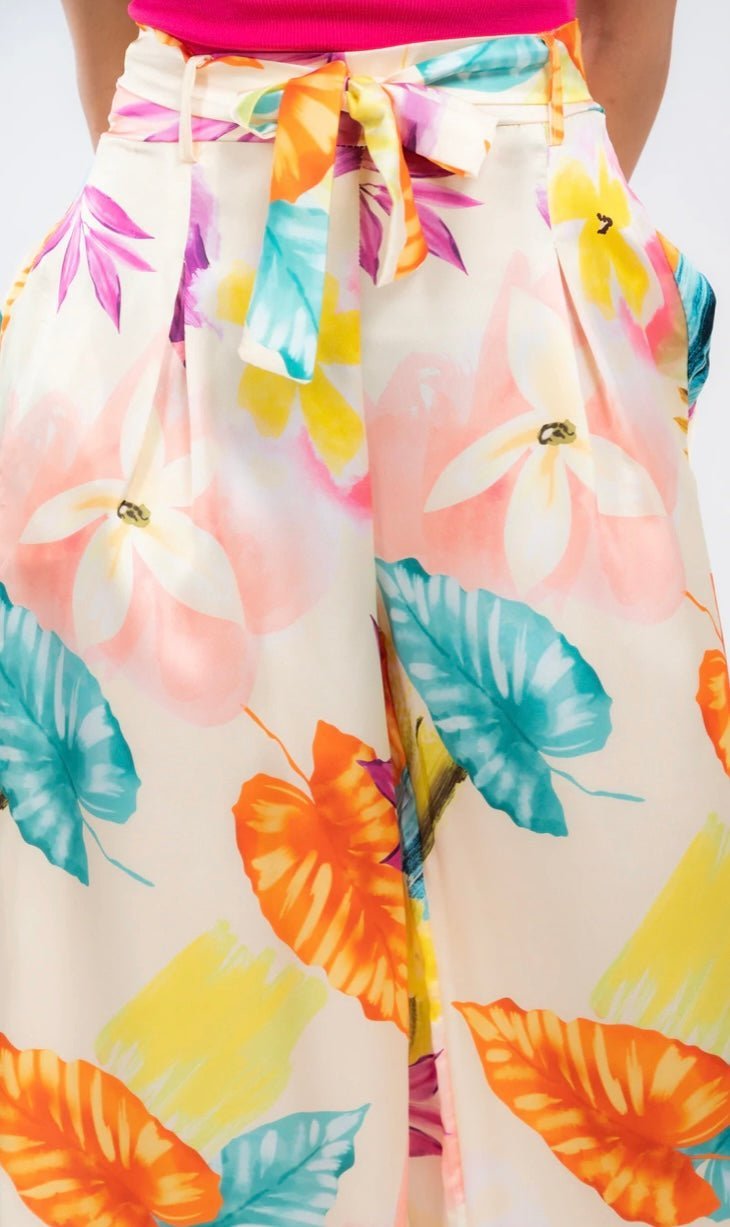 European Floral Print Satin Pants with Self-Tie Belt - Bella Boutique & Bellasbylola.com