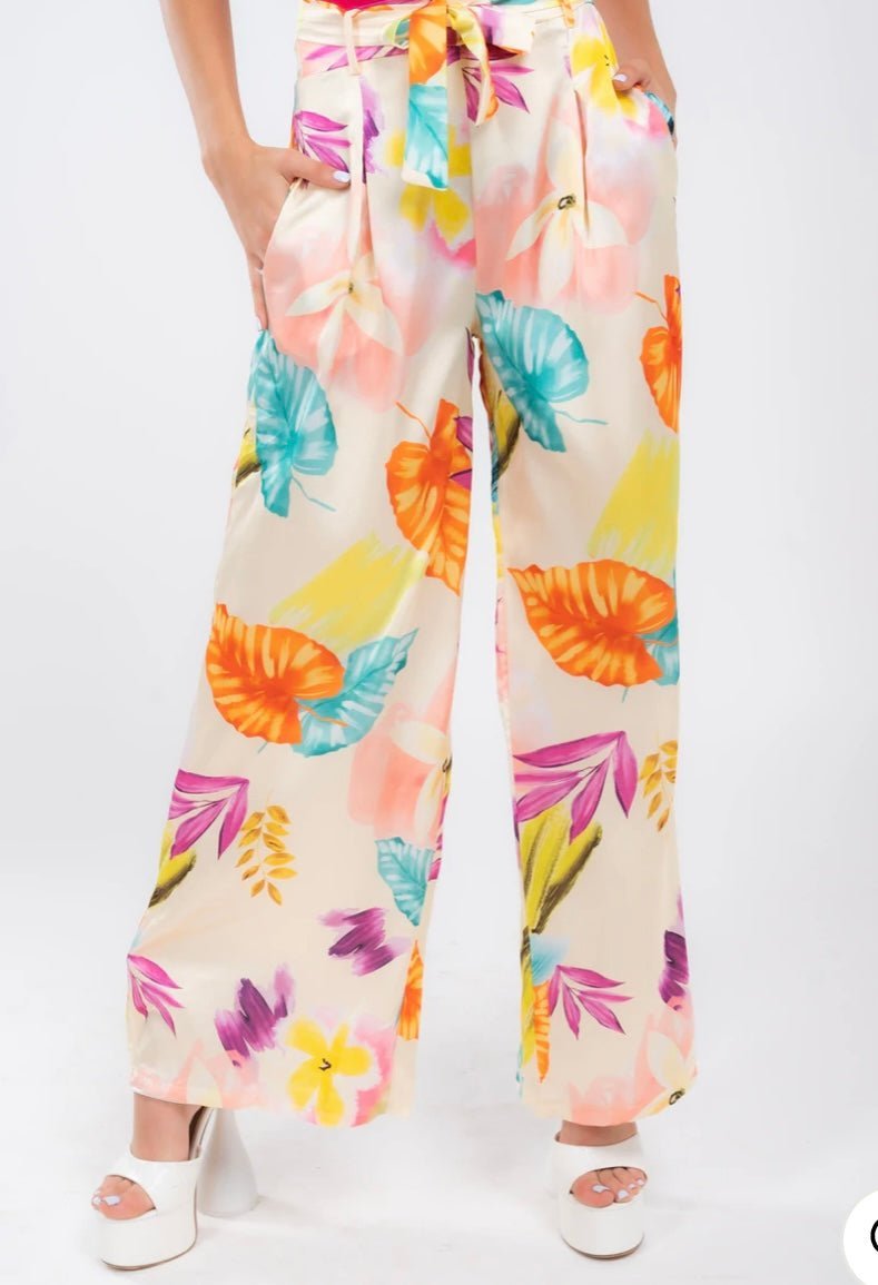 European Floral Print Satin Pants with Self-Tie Belt - Bella Boutique & Bellasbylola.com