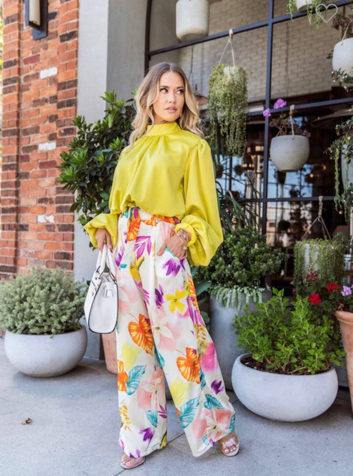 European Floral Print Satin Pants with Self-Tie Belt - Bella Boutique & Bellasbylola.com