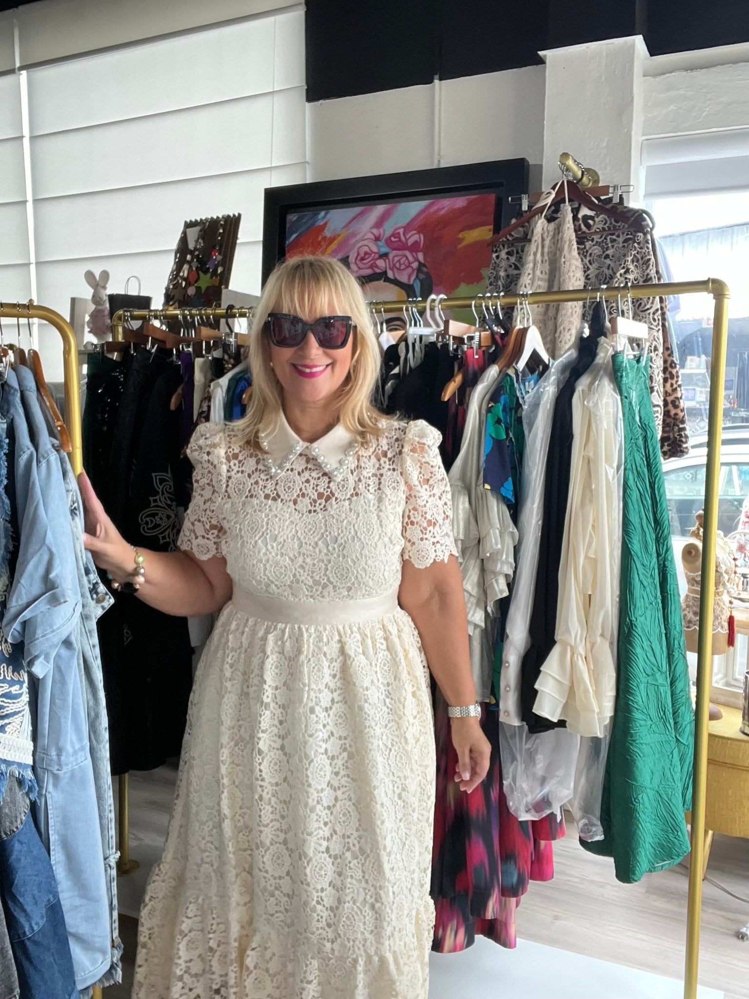 Ivory Embellish Collar Lace Midi Dress with short sleeves - TAX INCLUDED - Bellasbylola.com