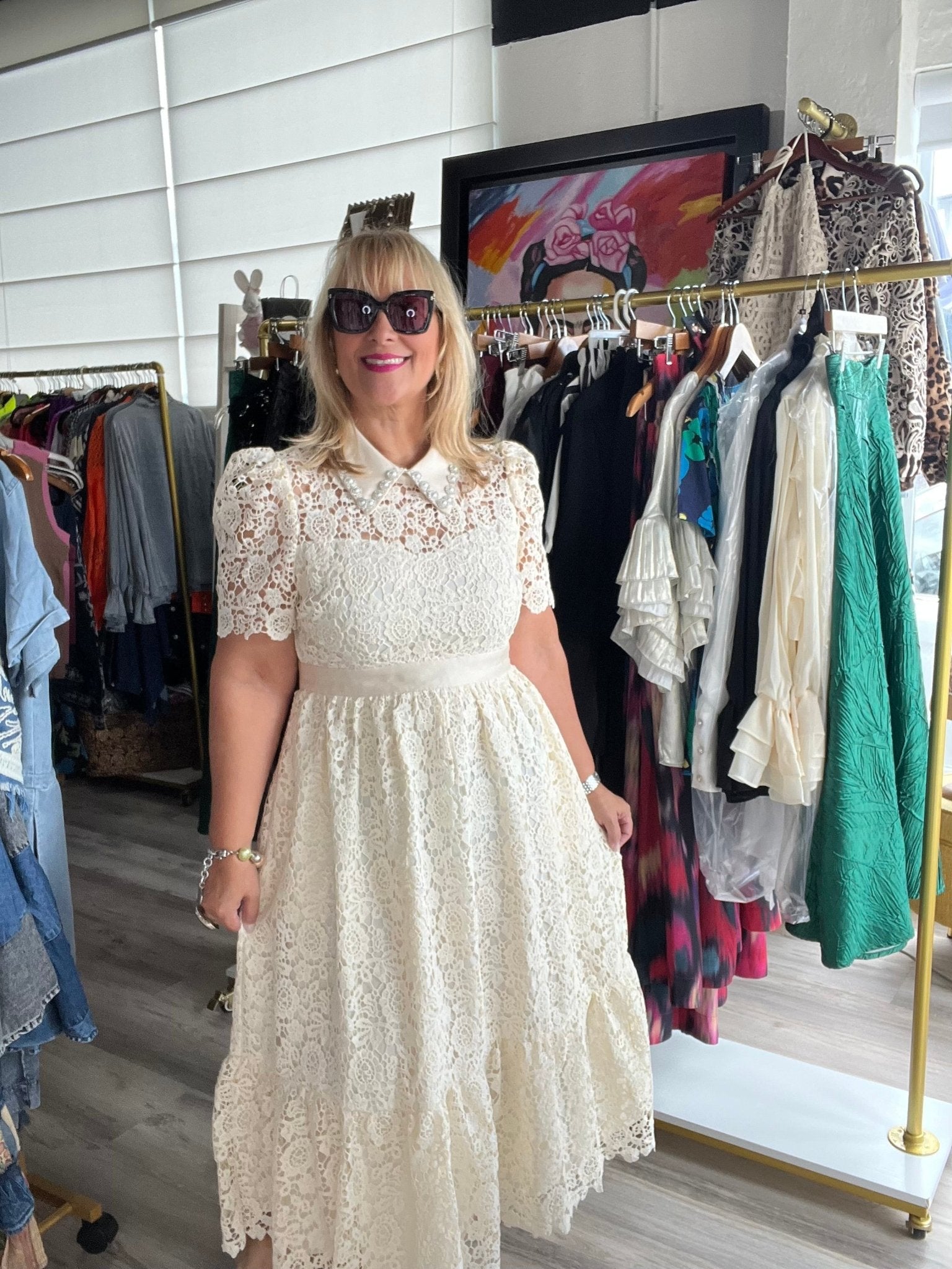 Ivory Embellish Collar Lace Midi Dress with short sleeves - TAX INCLUDED - Bellasbylola.com