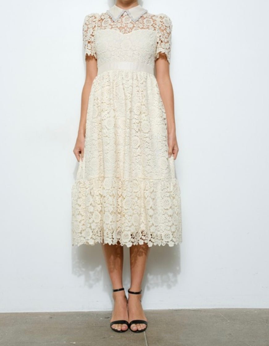 Ivory Embellish Collar Lace Midi Dress with short sleeves - TAX INCLUDED - Bellasbylola.com
