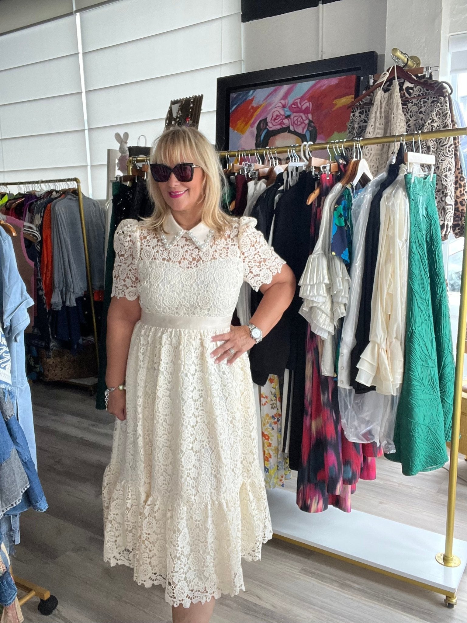 Ivory Embellish Collar Lace Midi Dress with short sleeves - TAX INCLUDED - Bellasbylola.com