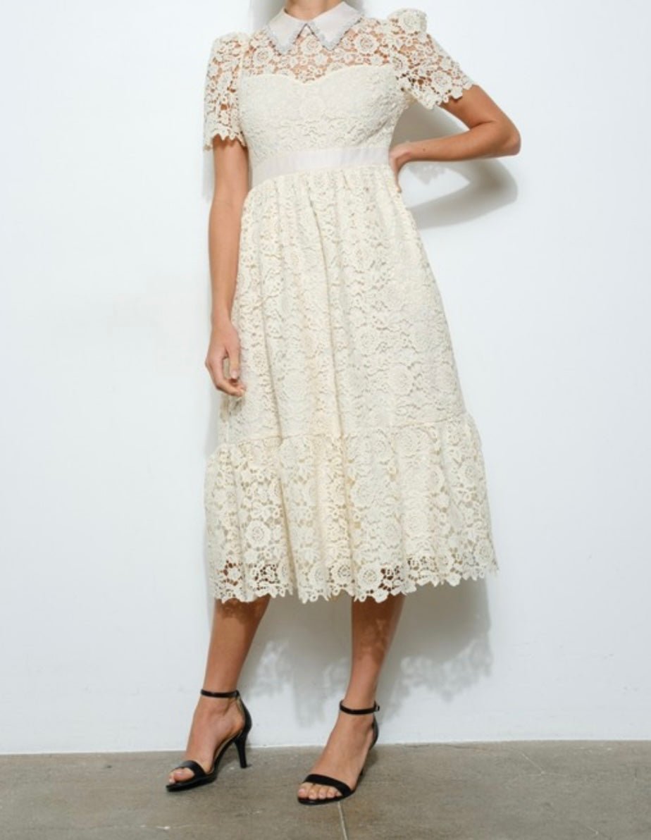 Ivory Embellish Collar Lace Midi Dress with short sleeves - TAX INCLUDED - Bellasbylola.com