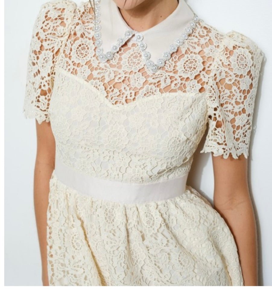 Ivory Embellish Collar Lace Midi Dress with short sleeves - TAX INCLUDED - Bellasbylola.com