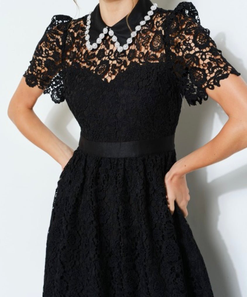 Ivory Embellish Collar Lace Midi Dress with short sleeves - TAX INCLUDED - Bellasbylola.com