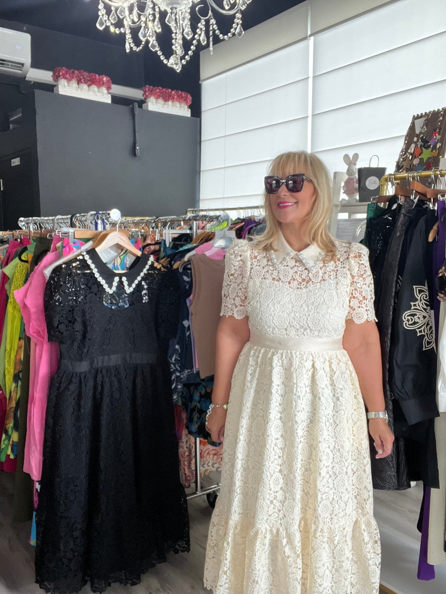 Ivory Embellish Collar Lace Midi Dress with short sleeves - TAX INCLUDED - Bellasbylola.com