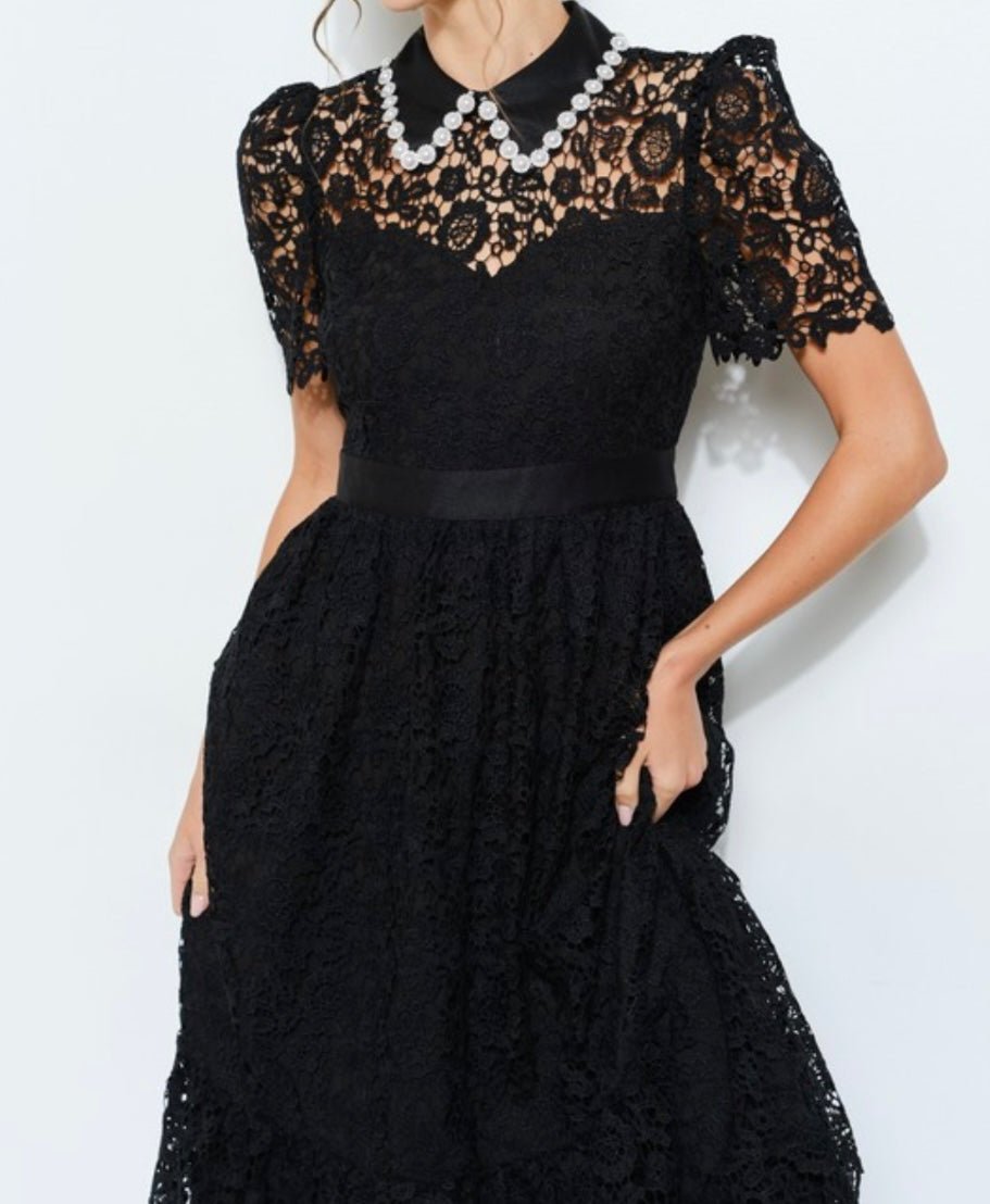 Ivory Embellish Collar Lace Midi Dress with short sleeves - TAX INCLUDED - Bellasbylola.com