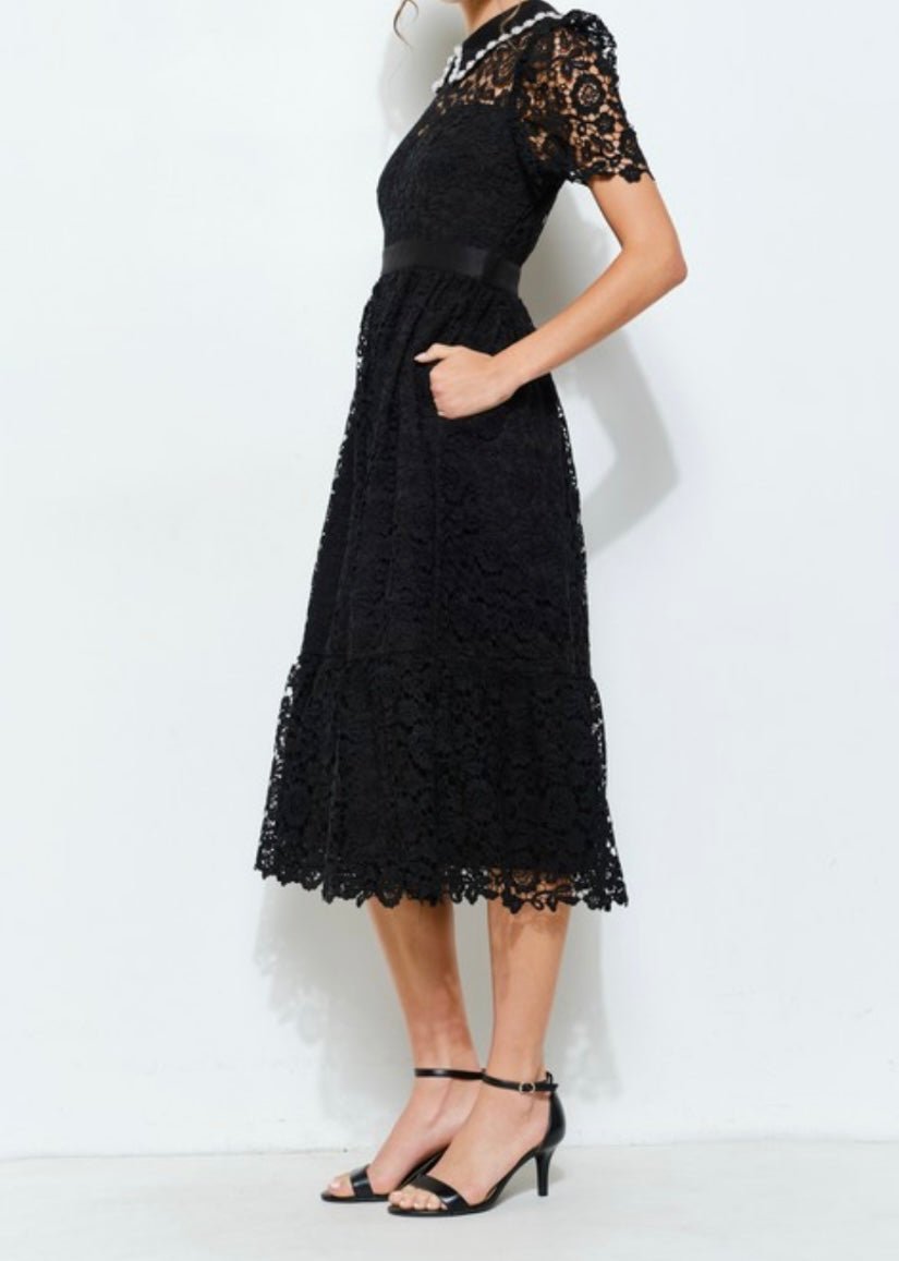 Ivory Embellish Collar Lace Midi Dress with short sleeves - TAX INCLUDED - Bellasbylola.com