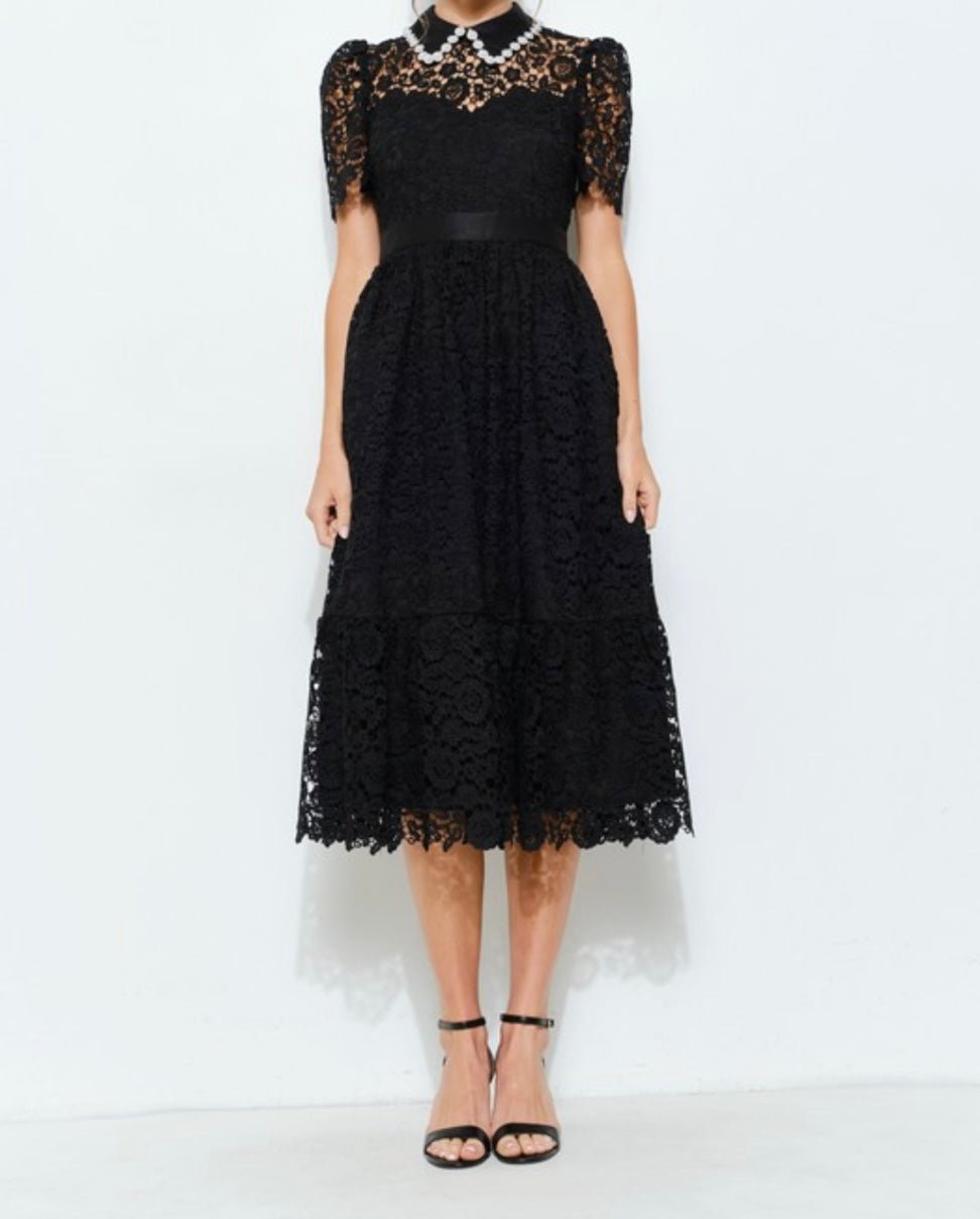 Ivory Embellish Collar Lace Midi Dress with short sleeves - TAX INCLUDED -Bellasbylola.com