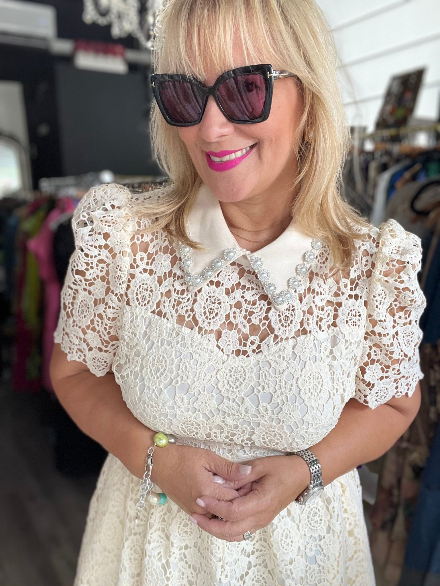 Ivory Embellish Collar Lace Midi Dress with short sleeves - TAX INCLUDED -Bellasbylola.com