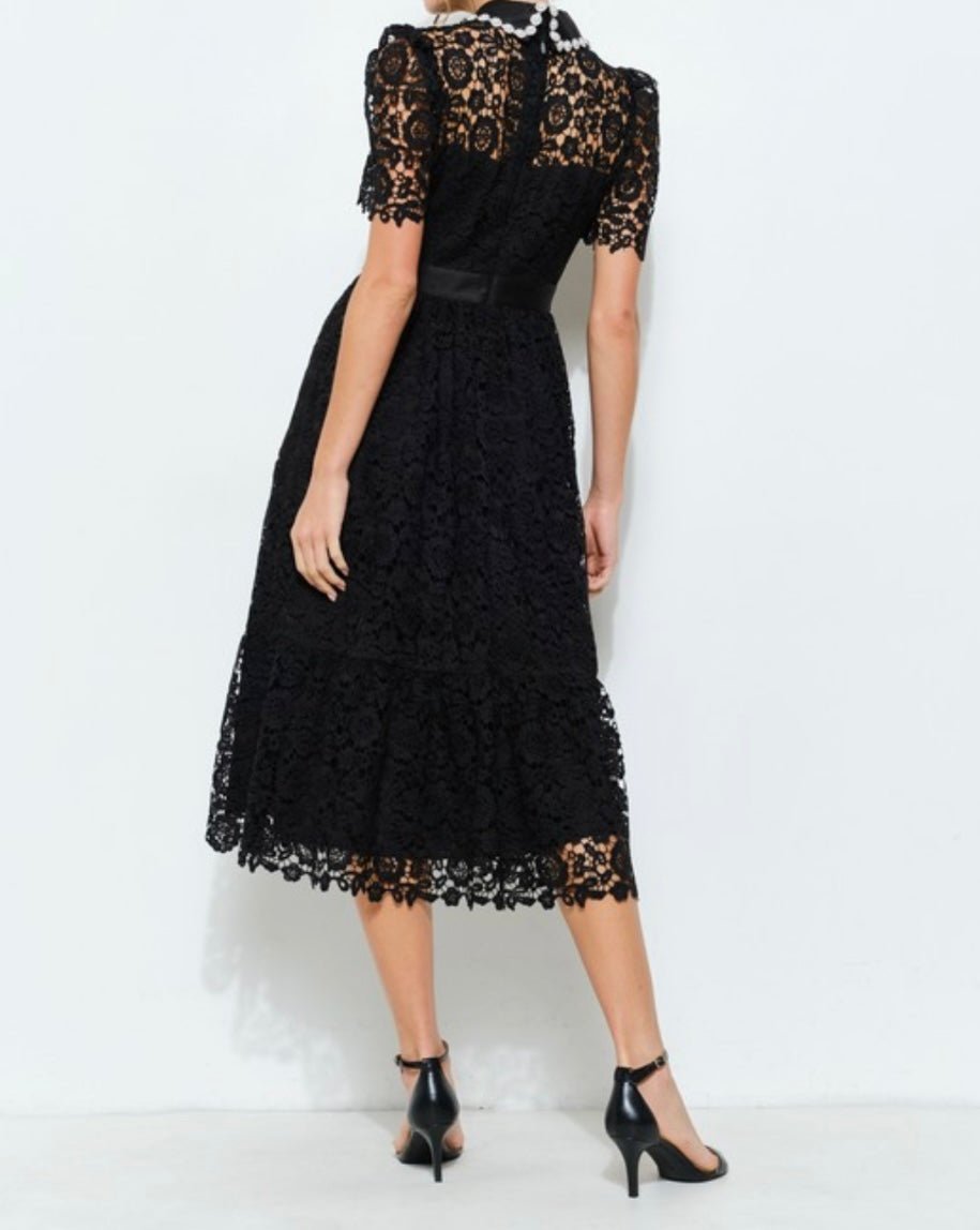 Ivory Embellish Collar Lace Midi Dress with short sleeves - TAX INCLUDED - Bellasbylola.com