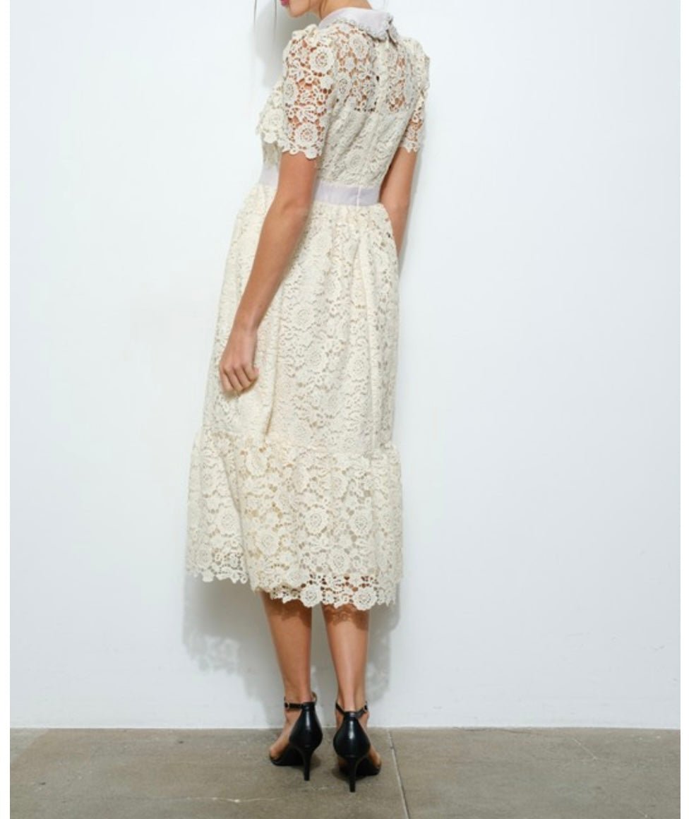 Ivory Embellish Collar Lace Midi Dress with short sleeves - TAX INCLUDED - Bellasbylola.com