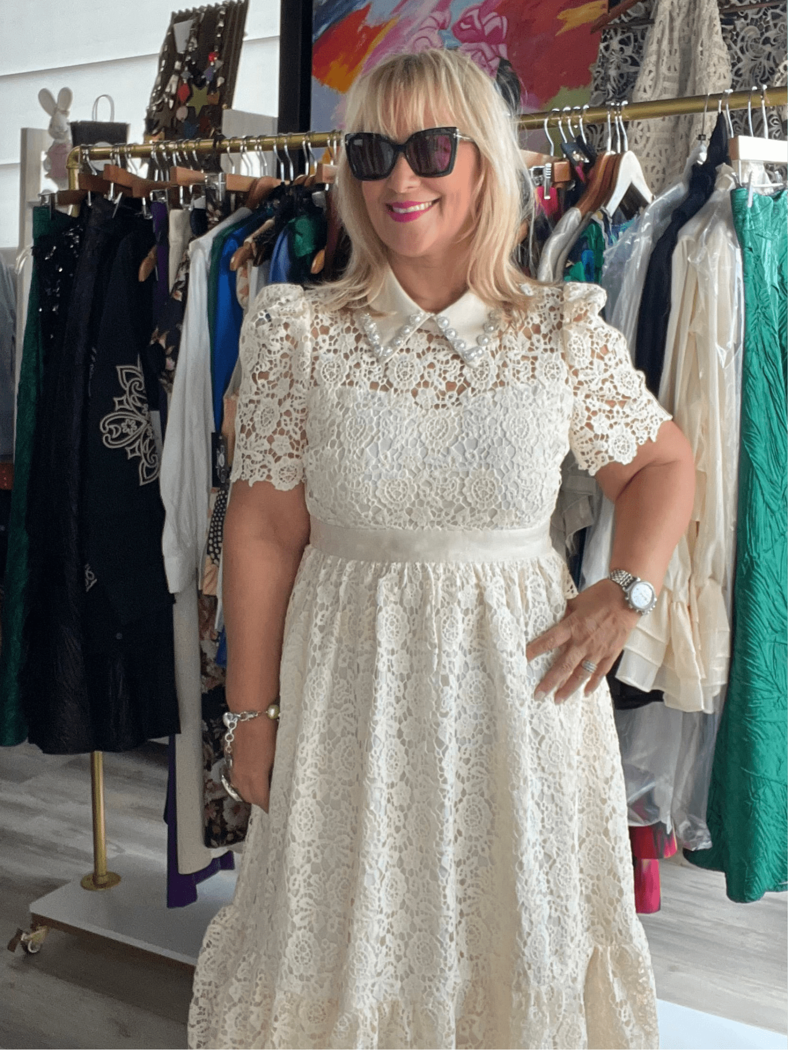 Ivory Embellish Collar Lace Midi Dress with short sleeves - TAX INCLUDED - Bellasbylola.com
