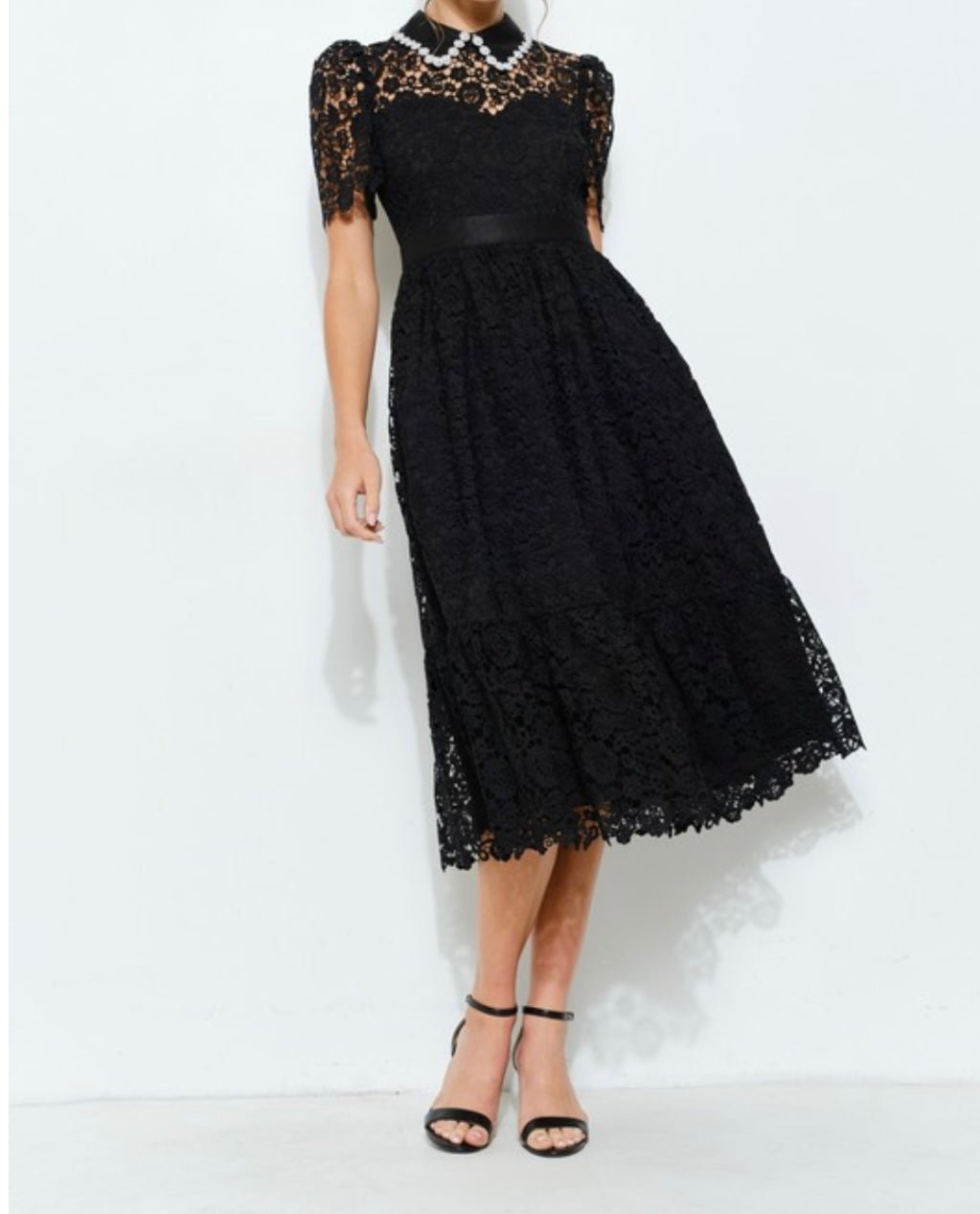 Ivory Embellish Collar Lace Midi Dress with short sleeves - TAX INCLUDED - Bellasbylola.com