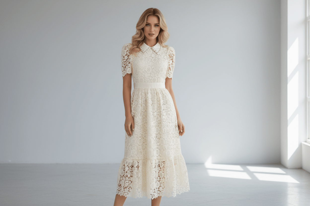 Ivory Embellish Collar Lace Midi Dress with short sleeves - True to size - Bella & Bellasbylola.com